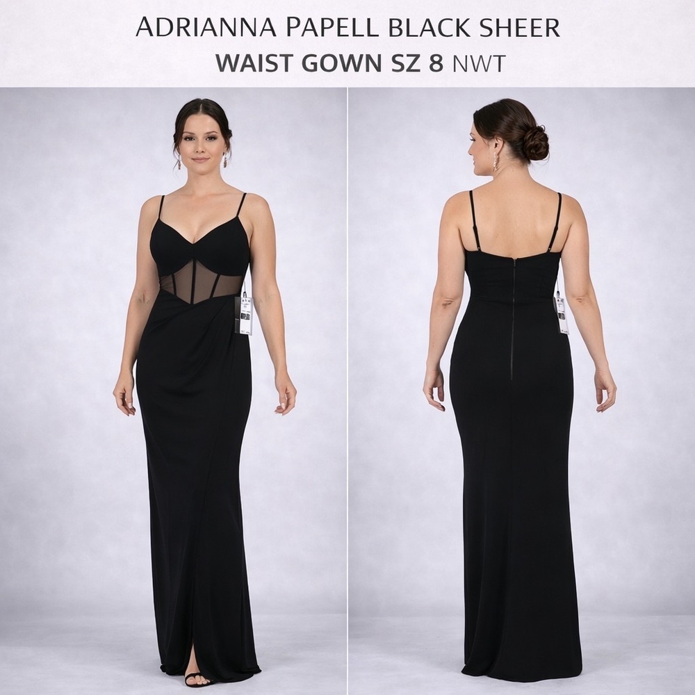ADRIANNA PAPELL BLACK SHEER WAIST GOWN SZ 8 NWT